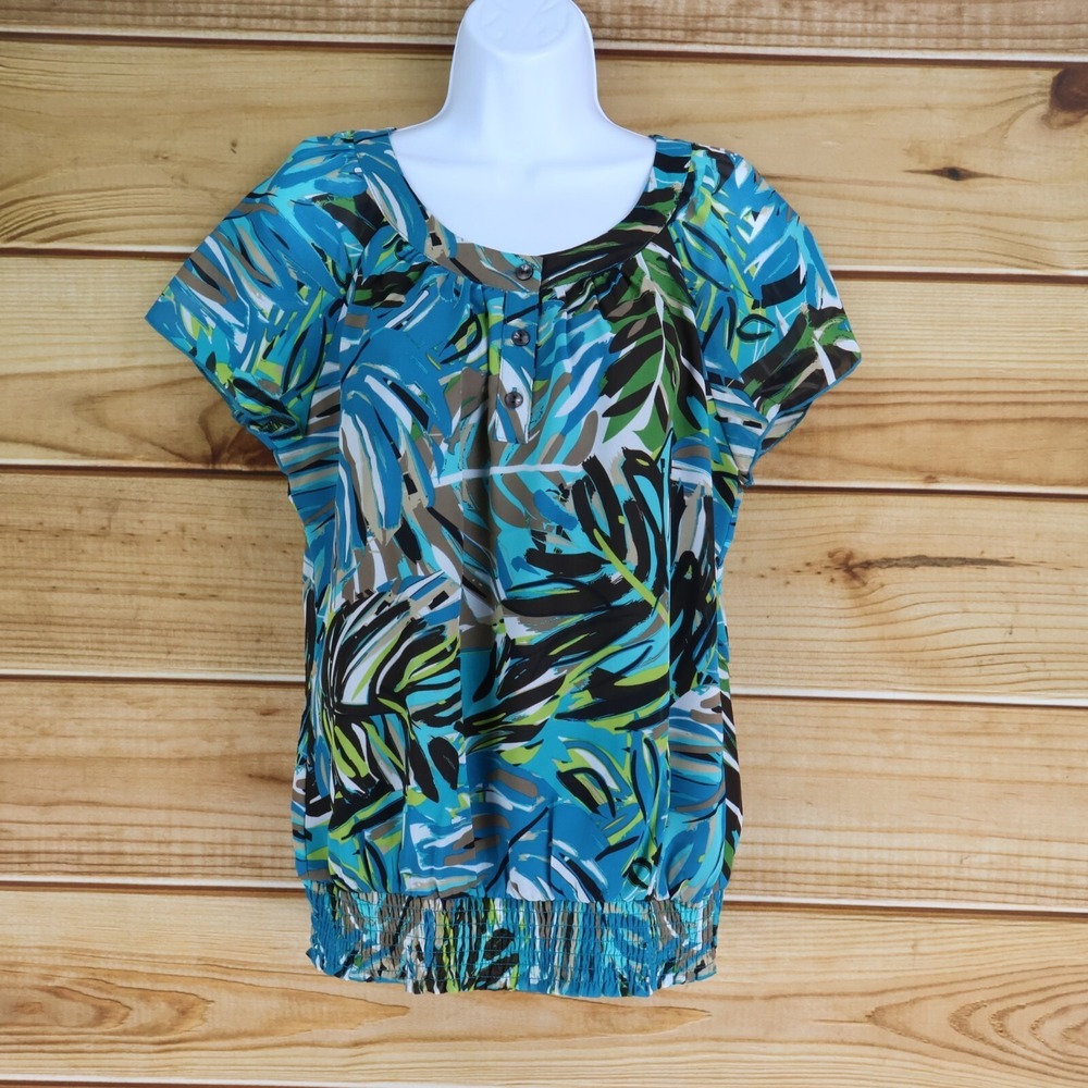 Apt. 9 Short Sleeve Blouse Womens S Blue Geometric Lined Lightweight Smocked Hem